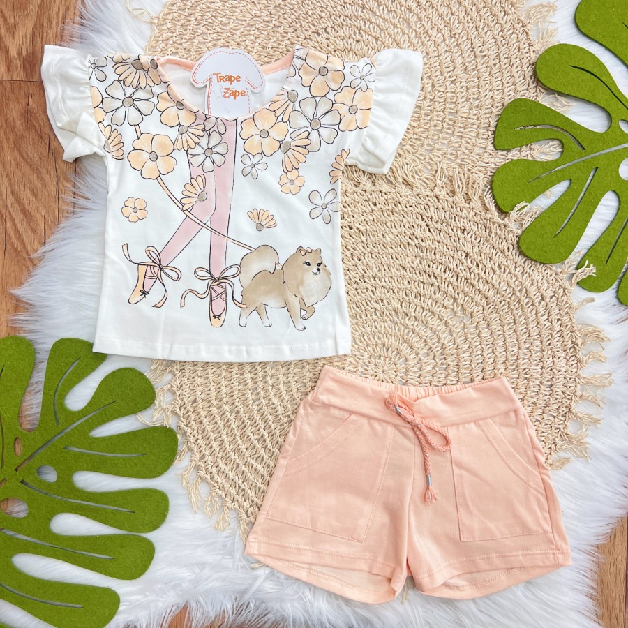 Conj. Blusa Floral com Cachorrinho e Short - Salmão e Off White